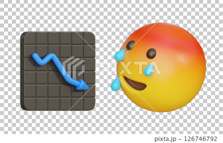 Sad emoticon looking at a downward graph 3D Icon 126746792