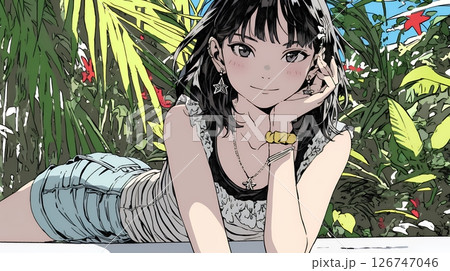熱帯植物と若い女性