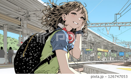 ホームで電車待ちをしている若い女性