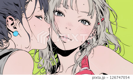 親しい女友達が決めポーズで写真撮影。