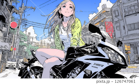 彼氏のバイクに腰掛ける若い女性