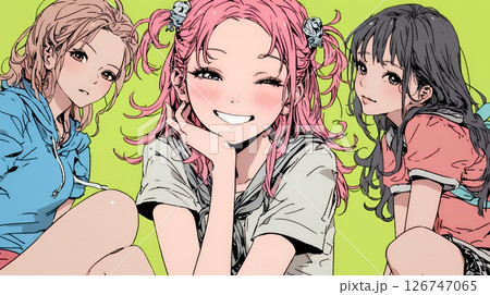 親しい女友達が決めポーズで写真撮影。