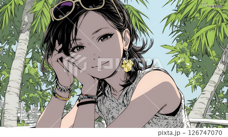 タンクトップ姿が魅力的な若い女性。
