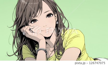 頬杖をついて微笑んでいる若い女性