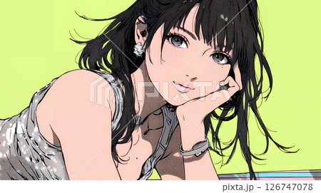 頬杖をついて微笑んでいる若い女性