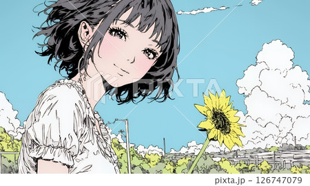 真夏の青空のもと、ヒマワリ畑を散策している若い女性