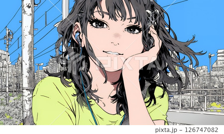 頬杖をついて微笑んでいる若い女性