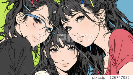 親しい女友達が決めポーズで写真撮影。