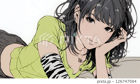 頬杖をついて微笑んでいる若い女性