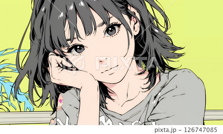頬杖をついて微笑んでいる若い女性