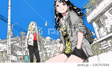 親しい女友達が決めポーズで写真撮影。