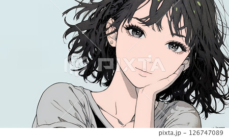 頬杖をついて微笑んでいる若い女性 126747089