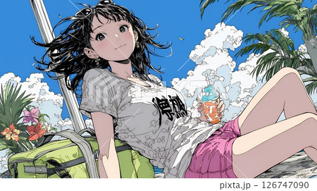 夏の空と南陽植物と若い女性