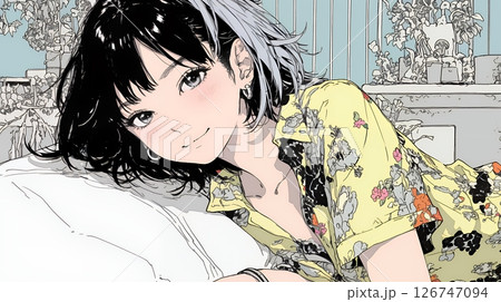 ベッドでくつろいでいる若い女性