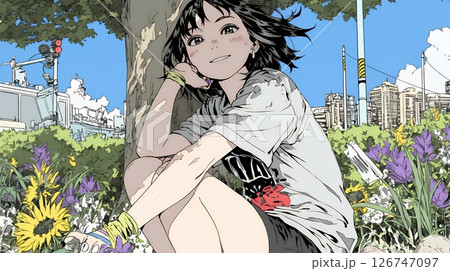 夏の昼、木陰で涼んでいる若い女性