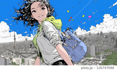 若い女性と都会のランドスケープ