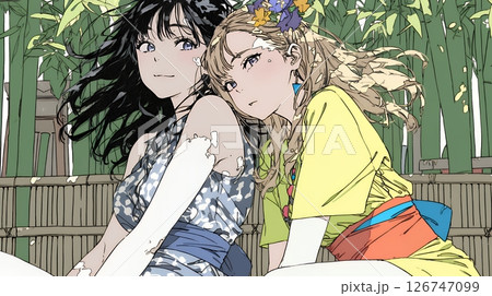 親しい女友達が決めポーズで写真撮影。
