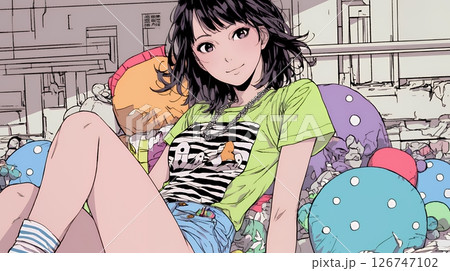 クッションがいっぱいのベッドで寛いでいる若い女性