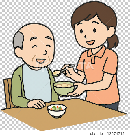 食事介助を行う女性と介護士と高齢男性 126747134