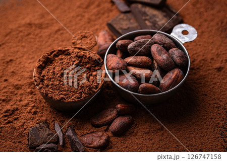 Cocoa powder, beans and natural chocolate Cocoa powder, beans and natural chocolate 126747158