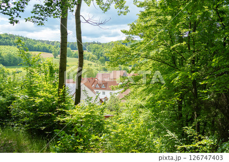 Captivating view of a village nestled among dense green forests and rolling hills. Rooftops peek through vibrant foliage, creating an idyllic and tranquil rural setting in nature. 126747403