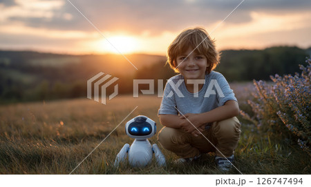 Little smiling child touches his hand to a robot, artificial intelligence Artificial Intelligence, Futuristic Digital Technology, Metaverse of Digital Intelligent World 126747494