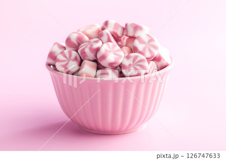 Colorful striped candies in bowl on pink background. 126747633