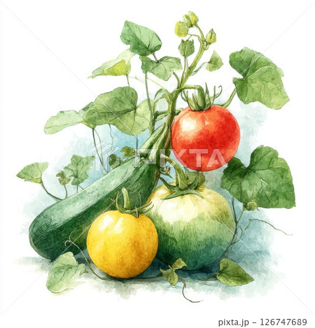 Watercolor Painting of Tomatoes and Zucchini 126747689