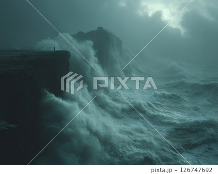 Person Silhouetted Against Powerful Ocean Waves Crashing on a Cliff 126747692