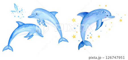 可愛いイルカの水彩画イラスト、セット素材 126747951