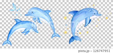 可愛いイルカの水彩画イラスト、セット素材 126747951