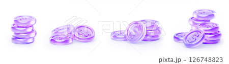3d stack of glass holographic coin of different size. Purple gradient dollar money in pile. Financial, bank game or casino cash treasure. Render circular currency, profit and wealth. 3D illustration 126748823