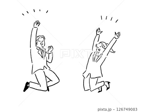 笑顔でジャンプするスーツを着た男性と女性、喜び、線画 126749083