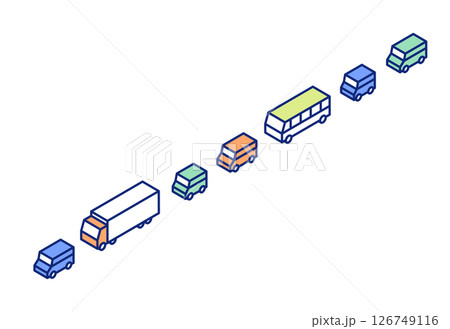 交通渋滞のベクターイラスト。車やトラック、バスが一列に連なって渋滞しているクリップアート。 交通渋滞のベクターイラスト。車やトラック、バスが一列に連なって渋滞しているクリップアート。 126749116
