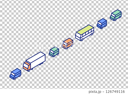 交通渋滞のベクターイラスト。車やトラック、バスが一列に連なって渋滞しているクリップアート。 交通渋滞のベクターイラスト。車やトラック、バスが一列に連なって渋滞しているクリップアート。 126749116