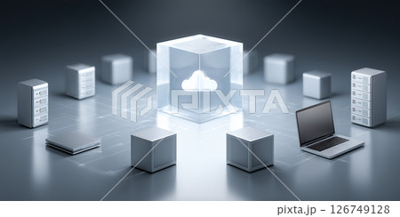 Cloud cube server electronic device laptop network data center technology concept 126749128