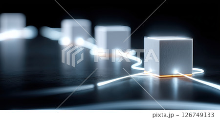 White glowing blockchain cube server connected by illuminated lines, futuristic network data concept 126749133
