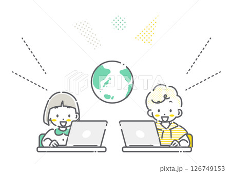 インターネットを使って楽しく学ぶ子どもたち シンプルでかわいい線画イラスト インターネットを使って楽しく学ぶ子どもたち シンプルでかわいい線画イラスト 126749153