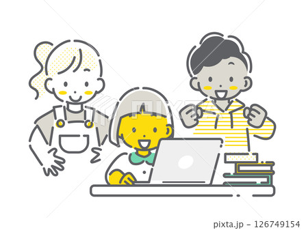 インターネットを使って楽しく学ぶ子どもたち　シンプルでかわいい線画イラスト 126749154