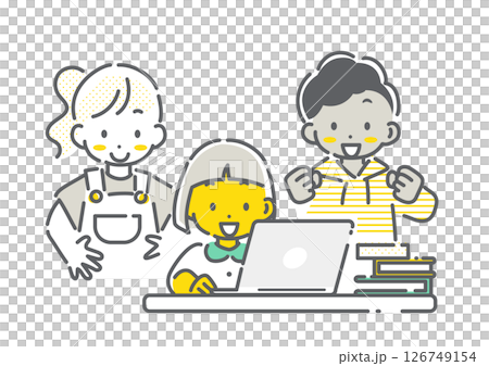 インターネットを使って楽しく学ぶ子どもたち　シンプルでかわいい線画イラスト 126749154