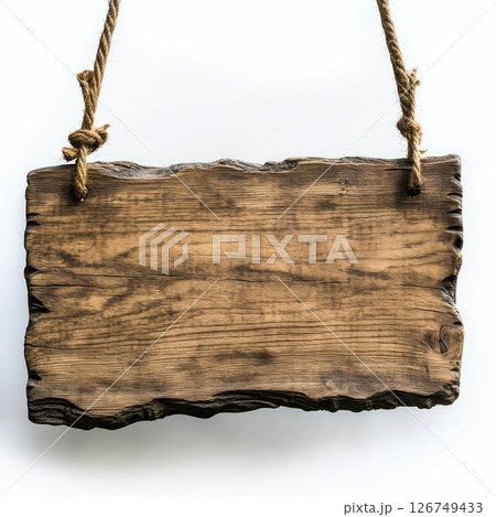 Wooden Hanging Sign Board Close Up with Natural Textures and Tone Wooden Hanging Sign Board Close Up with Natural Textures and Tone 126749433