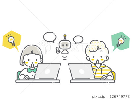 AIを使って楽しく学ぶ子どもたち シンプルでかわいい線画イラスト AIを使って楽しく学ぶ子どもたち シンプルでかわいい線画イラスト 126749778