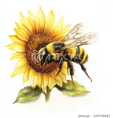 Cartoon Character of a Busy Bee Flying Over a Sunflower 126749882