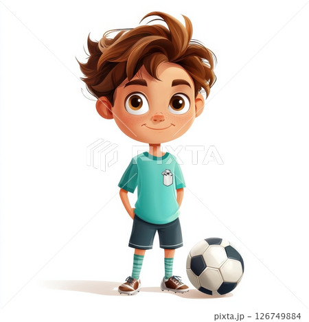 Sporty Cartoon Boy Character with Soccer Ball in Vector Style 126749884