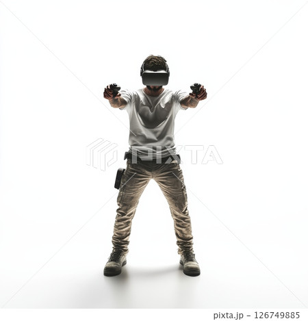 Man Engaged in Virtual Reality with Controllers in a Bright Space 126749885