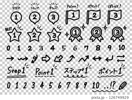 Numbers, illustrations, icons, material, set, handwritten, monochrome 126749929