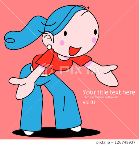 可愛い女性のちびキャラがウエルカムのポーズをしている 可愛い女性のちびキャラがウエルカムのポーズをしている 126749937