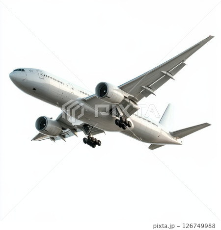 Wide Body Passenger Airliner Soaring Through Clear Blue Sky Wide Body Passenger Airliner Soaring Through Clear Blue Sky 126749988