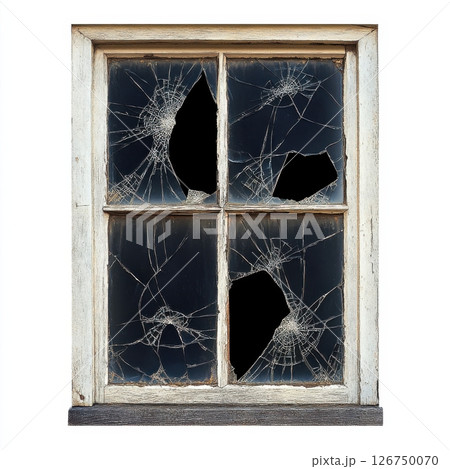 Cracked Window Frame Isolated on White Background with Broken Glass 126750070