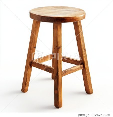 Simple Wooden Stool with Round Seat Isolated on White Background 126750086